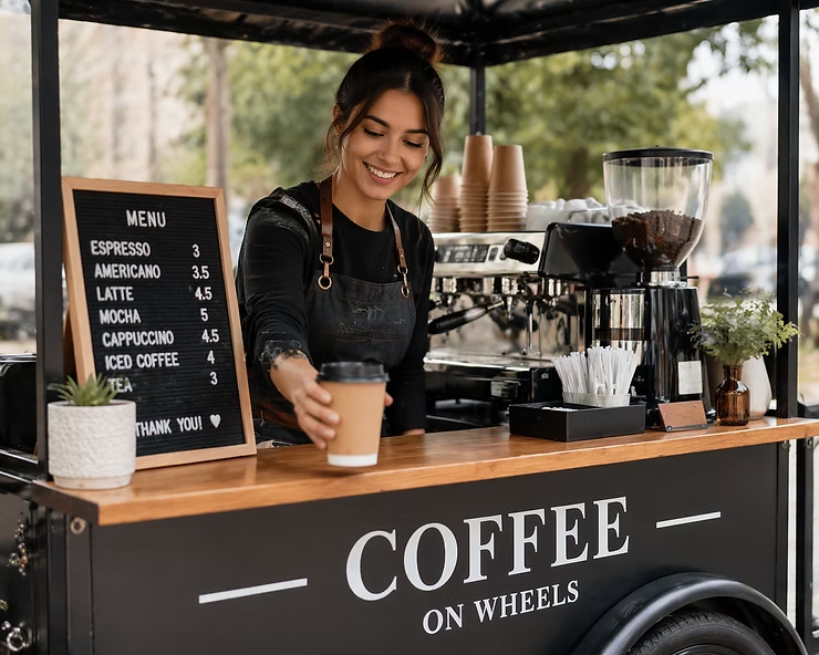 Barista smiling, serving coffee from a mobile cart labeled "COFFEE ON WHEELS." Menu and greenery in background; cozy outdoor vibe.