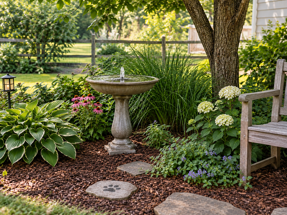 Serene backyard garden with a birdbath fountain, flowers, a bench, tree, and paw print stepping stones in warm sunlight.