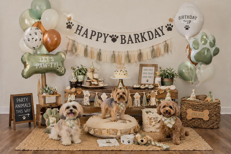 Three dogs in party hats at a "Happy Barkday" celebration with balloons, treats, and decorations in gold and green tones. Festive mood.