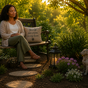 a woman sitting in a bench in the middle of a garden