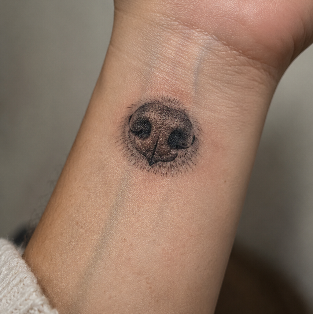 Close-up of a wrist with a small realistic dog nose tattoo, against a plain gray background.