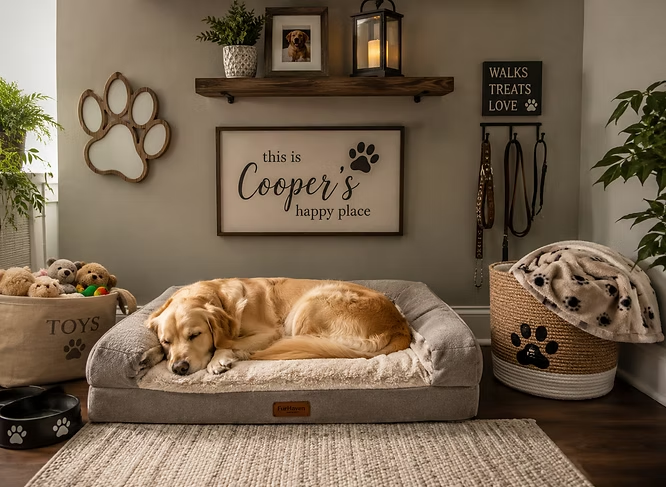 Golden retriever sleeps on a bed in a cozy dog room with signs reading this is Cooper's happy place and WALKS TREATS LOVE.