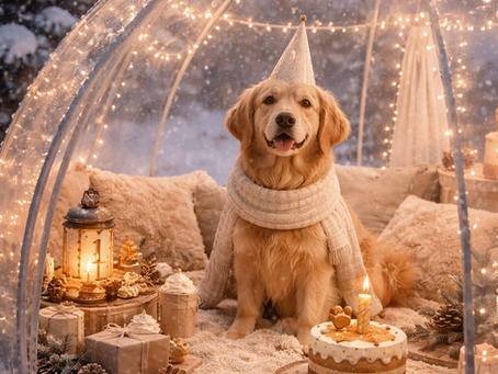 A dog celebrating their birthday in an igloo