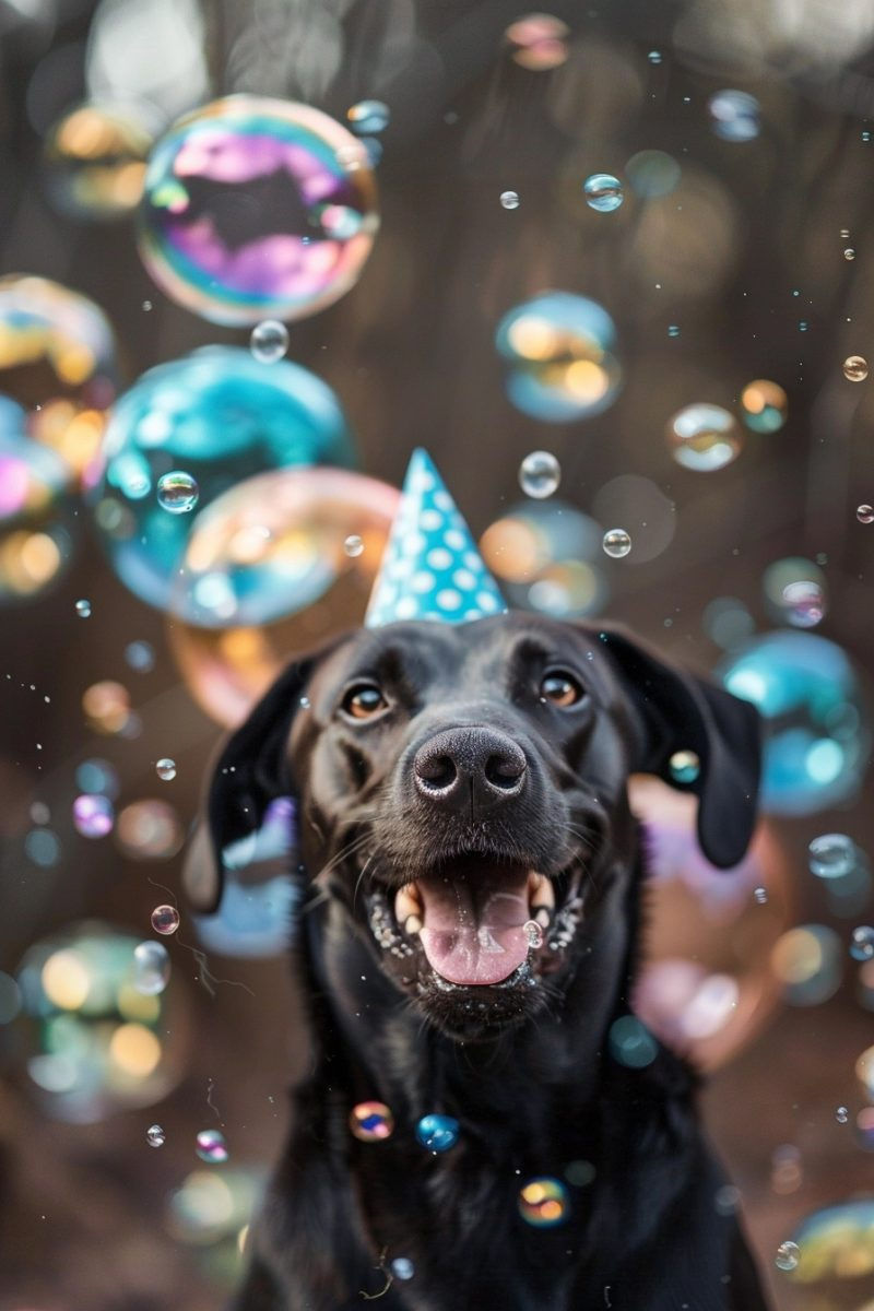 Happy black dog wearing a blue polka-dot party hat, surrounded by floating bubbles against a blurred background.