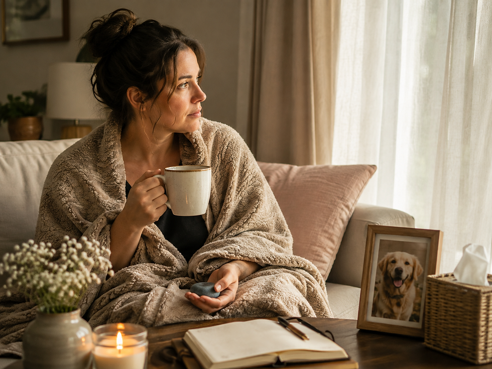 Woman wrapped in a blanket holds a mug on a couch, gazing out a bright window in a cozy living room with a dog photo and candle.