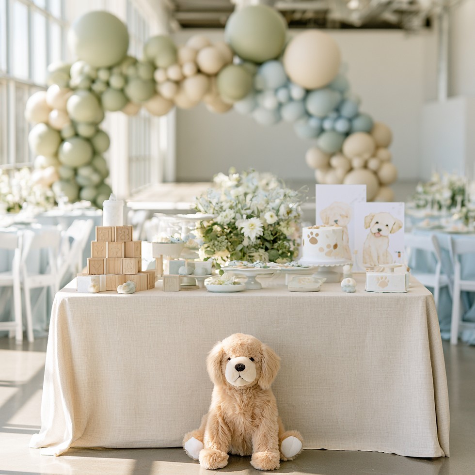 Puppy-themed party table with a balloon arch, dog cake, floral centerpiece, and a plush puppy in front.