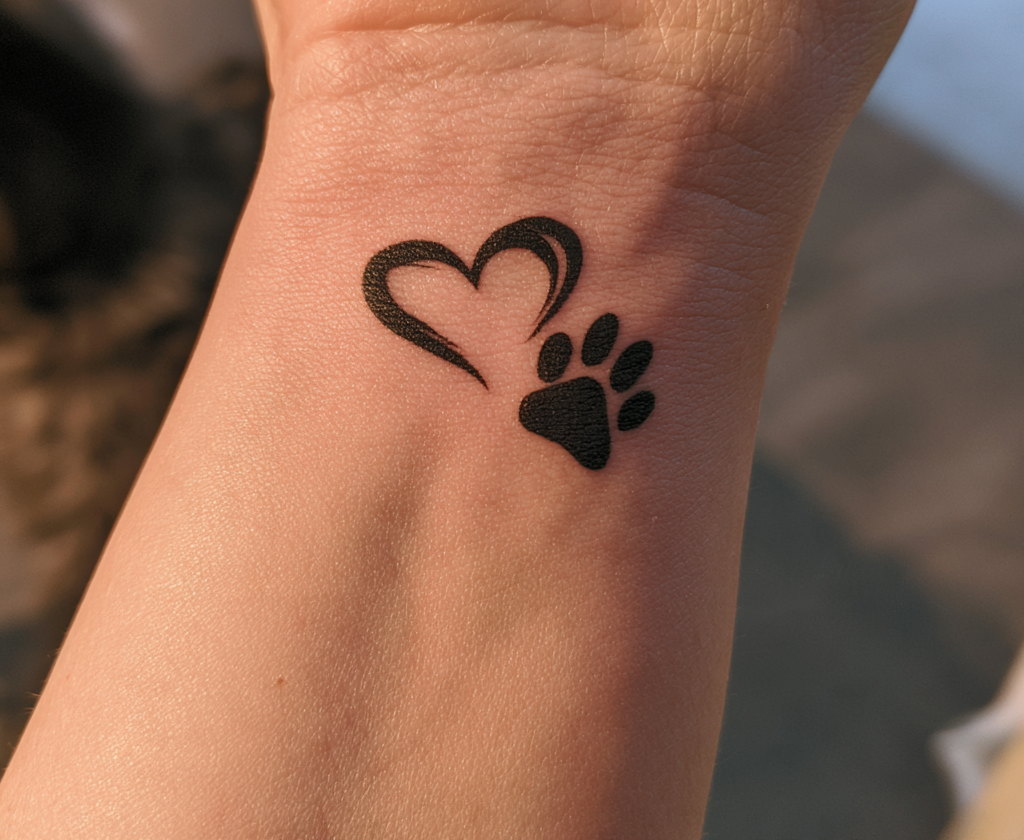 Close-up of a wrist with a small black heart and paw print tattoo in warm sunlight.