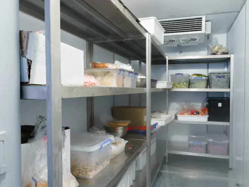 sistemas de refrigeración industrial en una cámara frigorífica con estanterías metálicas y alimentos almacenados en contenedores plásticos.