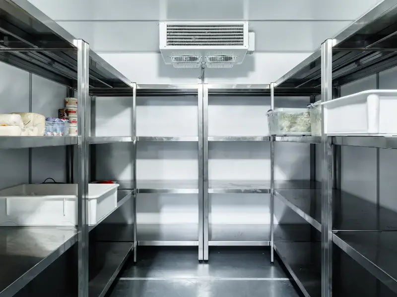camaras de refrigeracion industrial vacía con estantes metálicos y unidad de enfriamiento en el techo.
