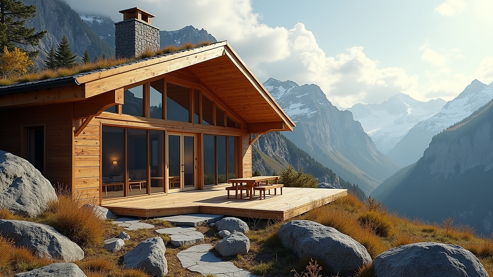 Wide angle view of a mountain retreat highlighting its unique wooden designs