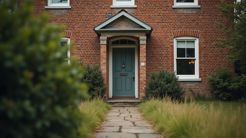 Close-up view of a historic home with exposed brick and vintage features