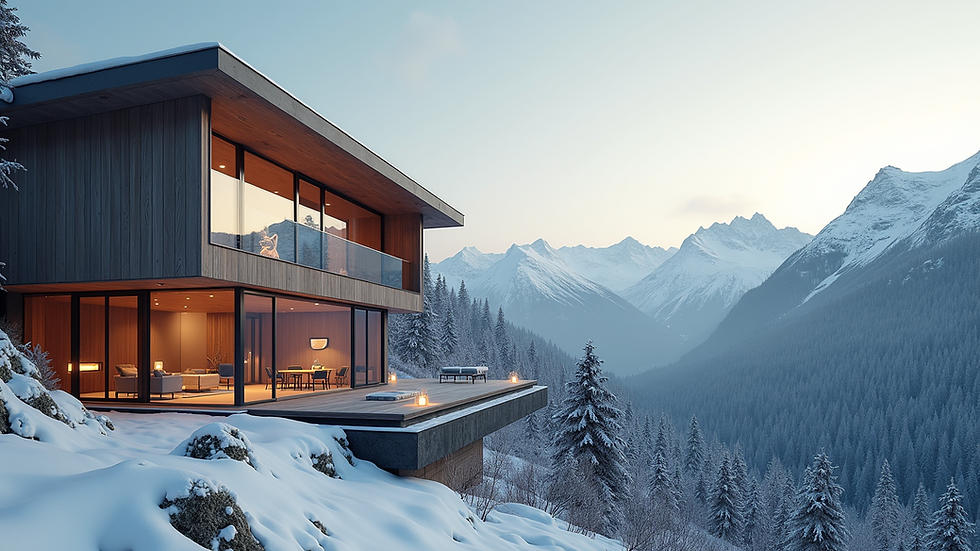Wide angle view of an elegant mountain retreat with large windows