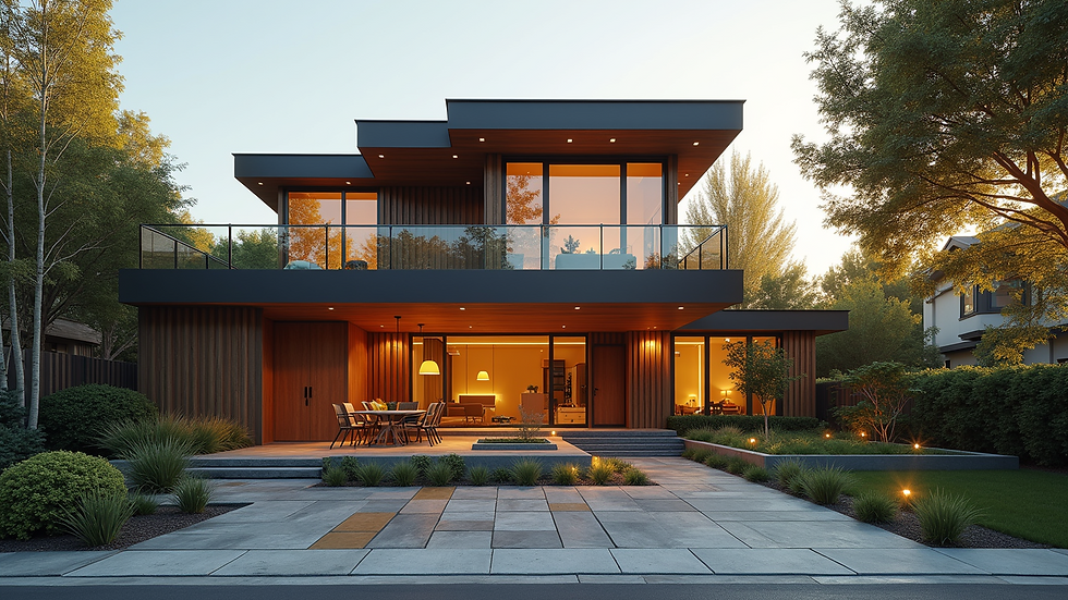 High angle view of a stylish modern home with a vibrant exterior