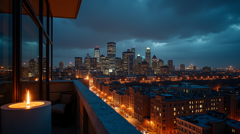 Eye-level view of a luxurious penthouse in downtown Montreal showcasing city lights