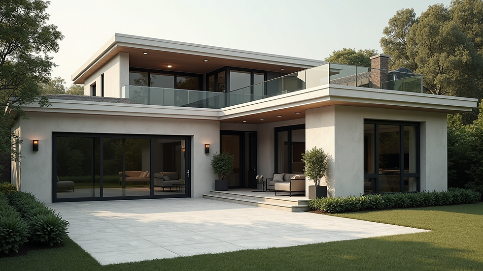 Close-up view of a grand modern home with elegant architectural details