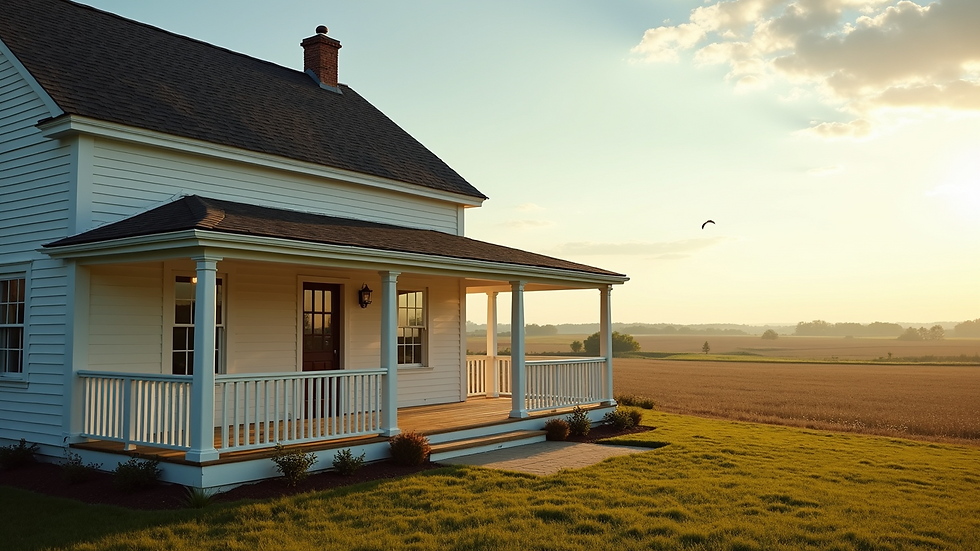 Wide angle view of a charming farmhouse featuring a wrap-around porch and open fields