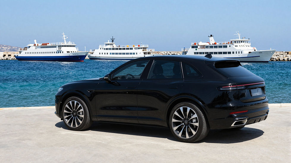 Black luxury SUV parked at Mykonos port with ferries.