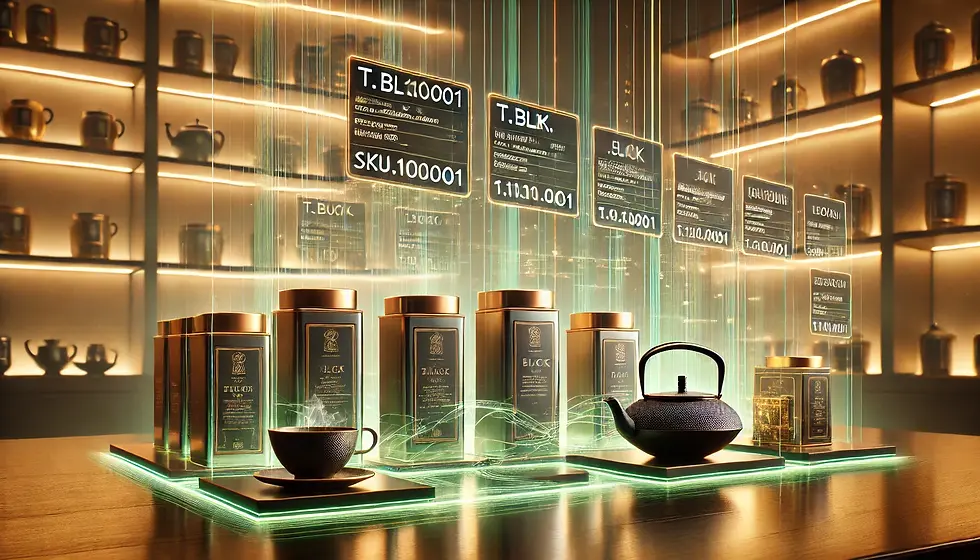 Questa immagine, creata digitalmente, unisce tradizione e innovazione, mostrando il nostro sistema di SKU in un elegante negozio di tè. Le etichette digitali futuristiche rappresentano la catalogazione avanzata dei prodotti, rendendo la selezione più chiara ed efficace.