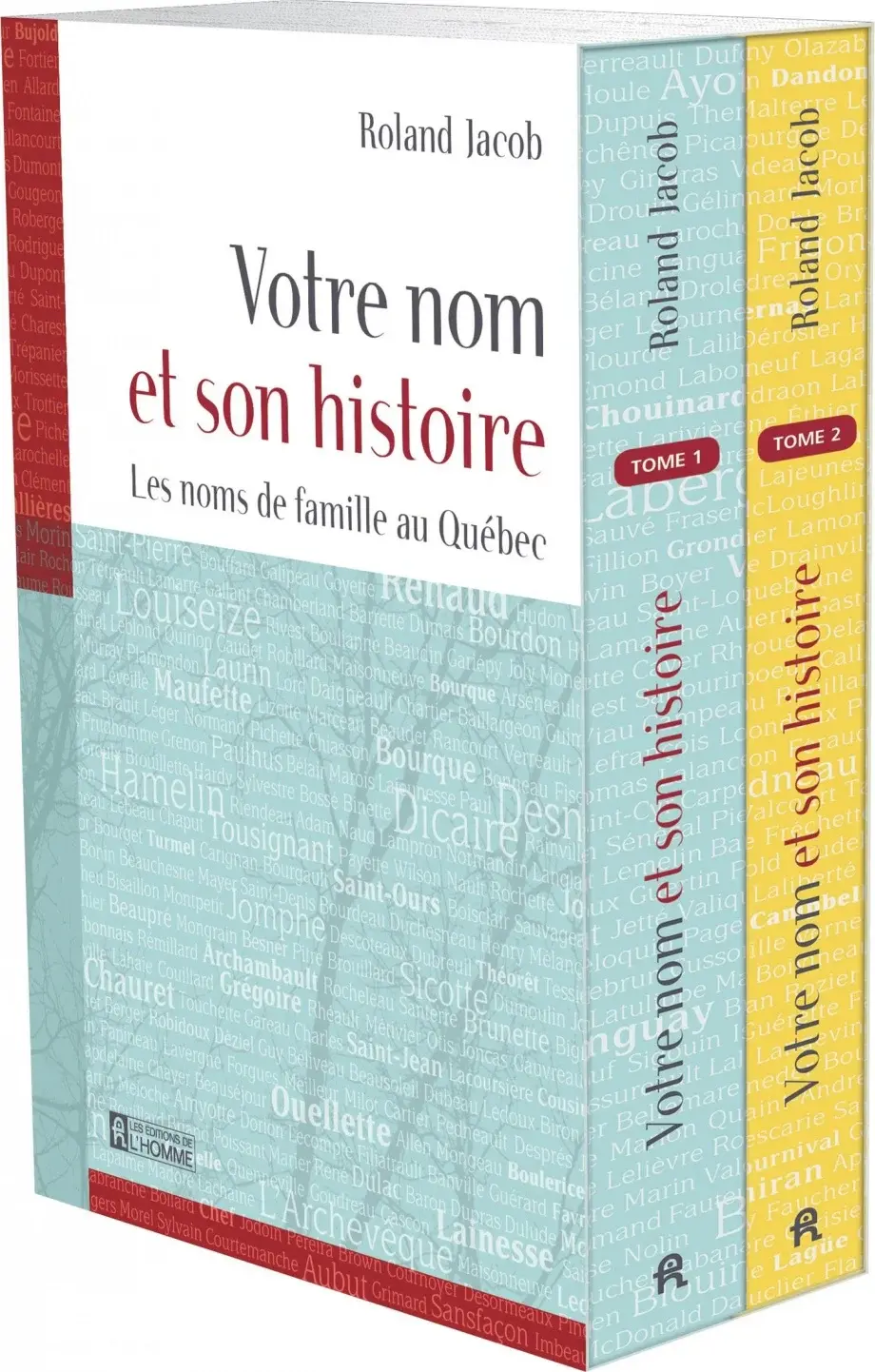 Coffret de deux tomes du livre "Votre nom et son histoire" de Roland Jacob. Couvertures bleu et jaune avec noms de famille québécois.