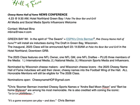 News Release: Cheesy Name Hall of Fame