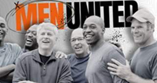 Men United logo over smiling men to connect others