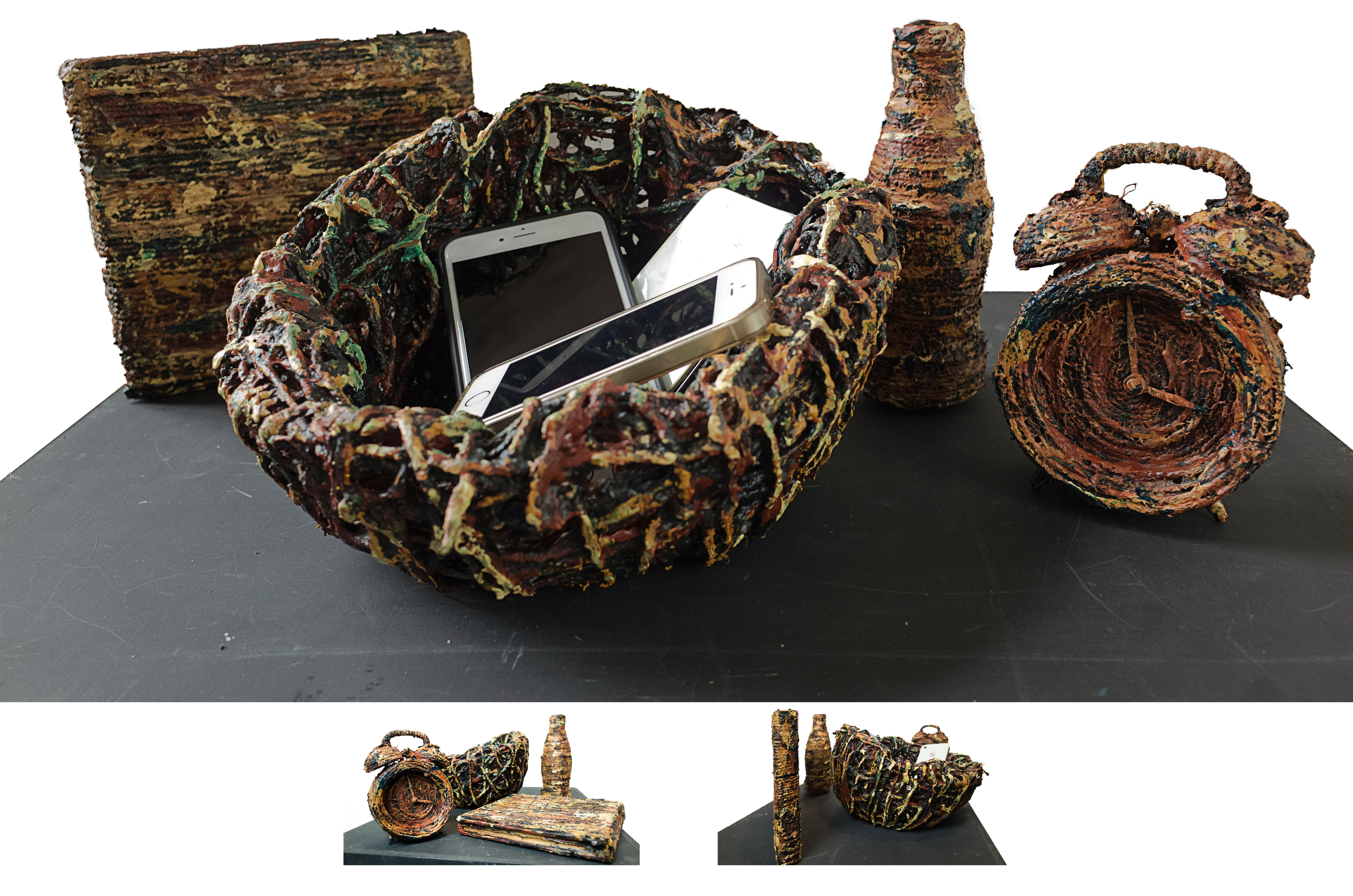 Bedside (with alternative views - size variable) Sculpture with Mixed Media and Cellphones