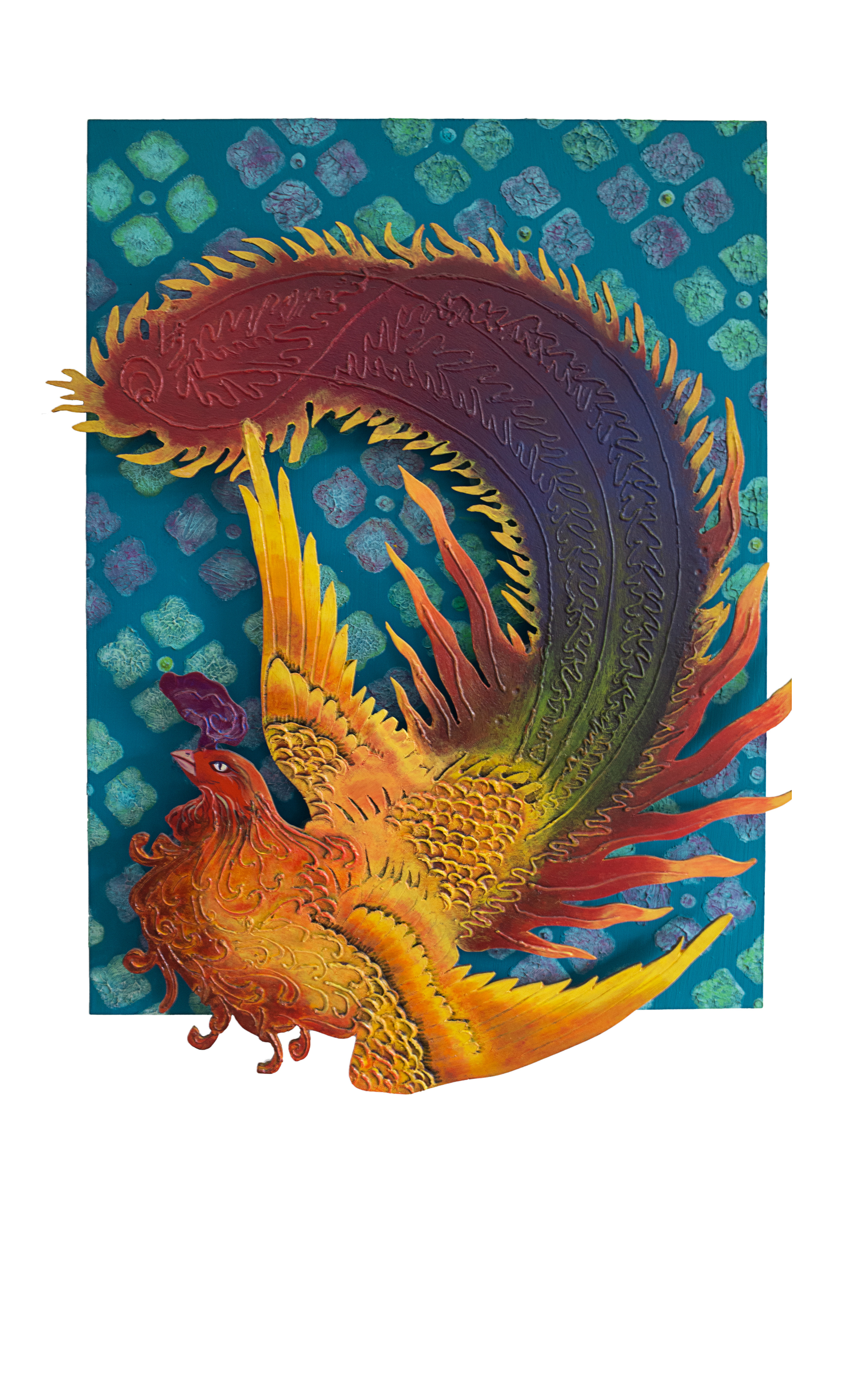 Phoenix 80 x 60 cm Mixed Media on Carved Wooden Construction