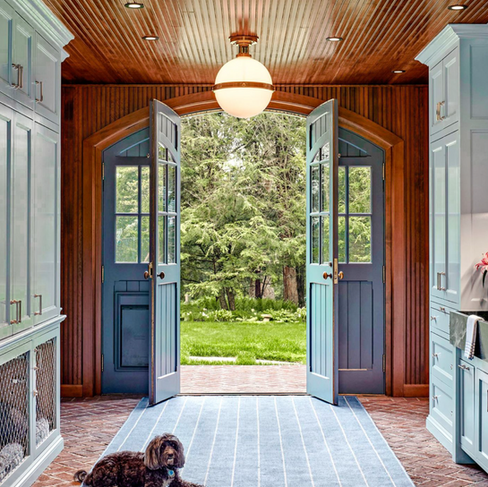Small brown dog lying on a blue runner rug in a wood-paneled entryway with open double doors.