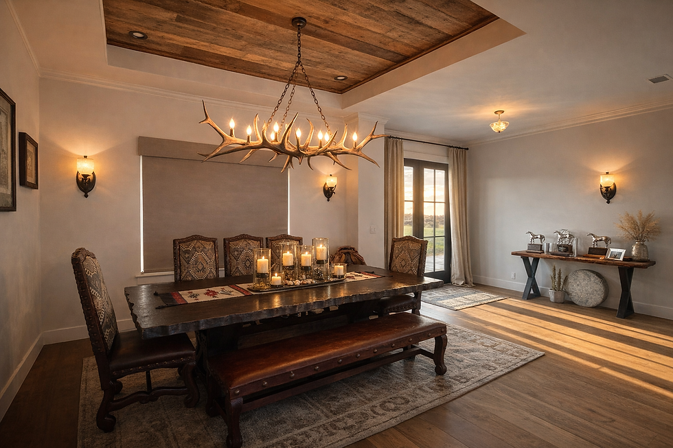 Thumbnail: Rustic dining room with linear antler light over dining table.