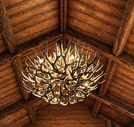 Large Mule Deer Antler Chandelier in lodge .png