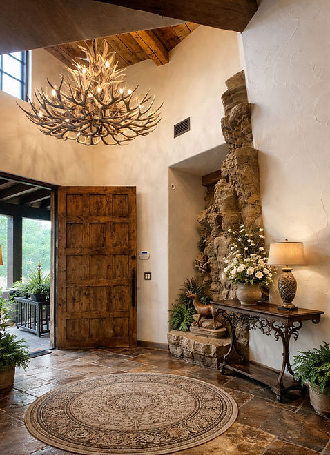 Rustic extra large deer antler chandelier in entryway_