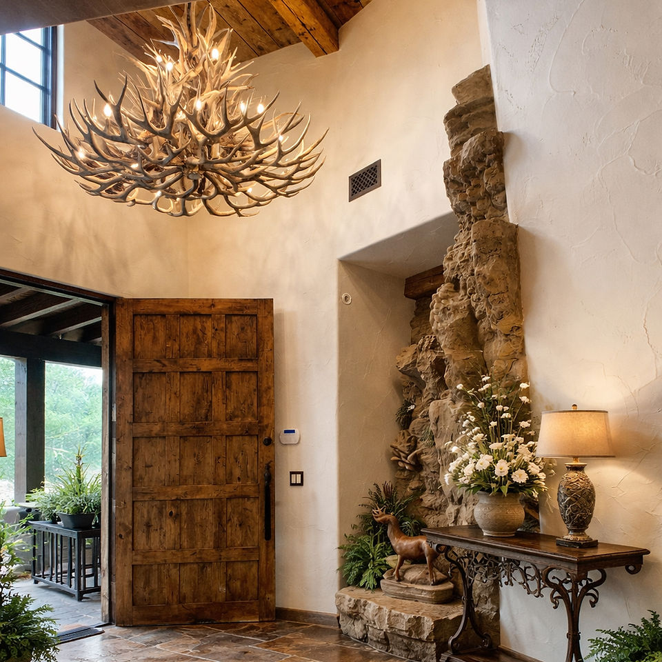 Rustic luxury entryway with antler chand
