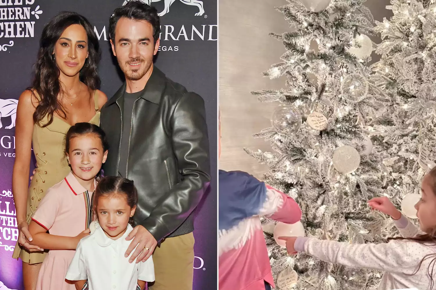 Danielle Jonas, Kevin Jonas, Alena Rose Jonas and Valentina Angelina Jonas arrive at the grand opening of their family restaurant Nellie's Southern Kitchen at MGM Grand on June 04, 2022 in Las Vegas, Nevada. (Photo by Denise Truscello/Getty Images for Nellie's Southern Kitchen); For horizontal tout for Kevin - can you please do a split of the tree with his daughters and a recent photo of him? If possible, can you please crop the text out of both screenshots?