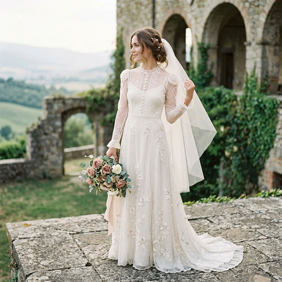 romantic vintage inspired bridal gown delicate lace long sleeves editorial wedding fashion", "elegant vintage lace wedding dress floral embroidery bridal editorial
