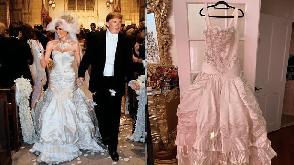Dior wedding gown worn by Melania Trump when she married US President Donald Trump in 2005. (Image: X/@realDonaldTrump and eBay)