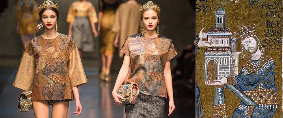 From right to left: Dolce & Gabbana, Fall/Winter 2013 RTW collection. Photos by Filippo Fior; Monreale Cathedral’s mosaic representing Wilhelm II offering the Virgin Mary the model of the church. Web Gallery of Art. Detail.