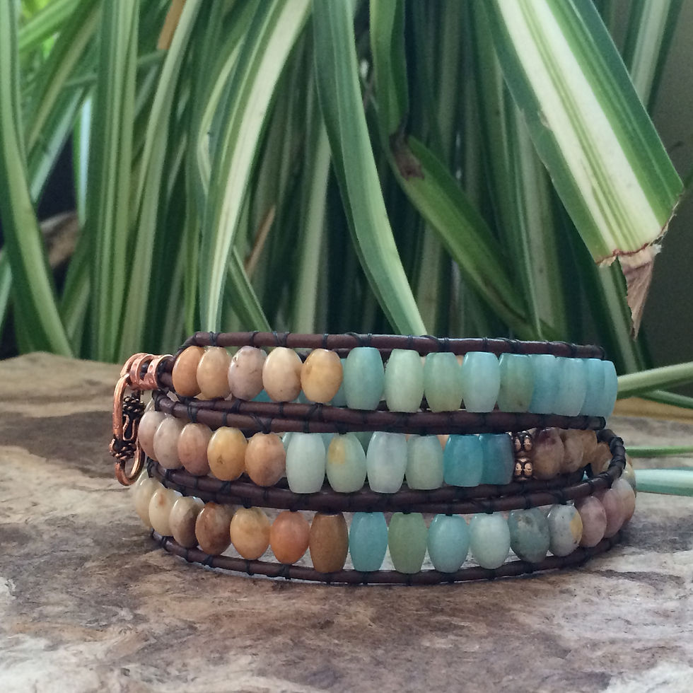 Thumbnail: Golden Jade and Amazonite Leather Wrap Bracelet