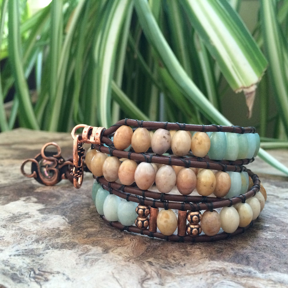 Thumbnail: Golden Jade and Amazonite Leather Wrap Bracelet