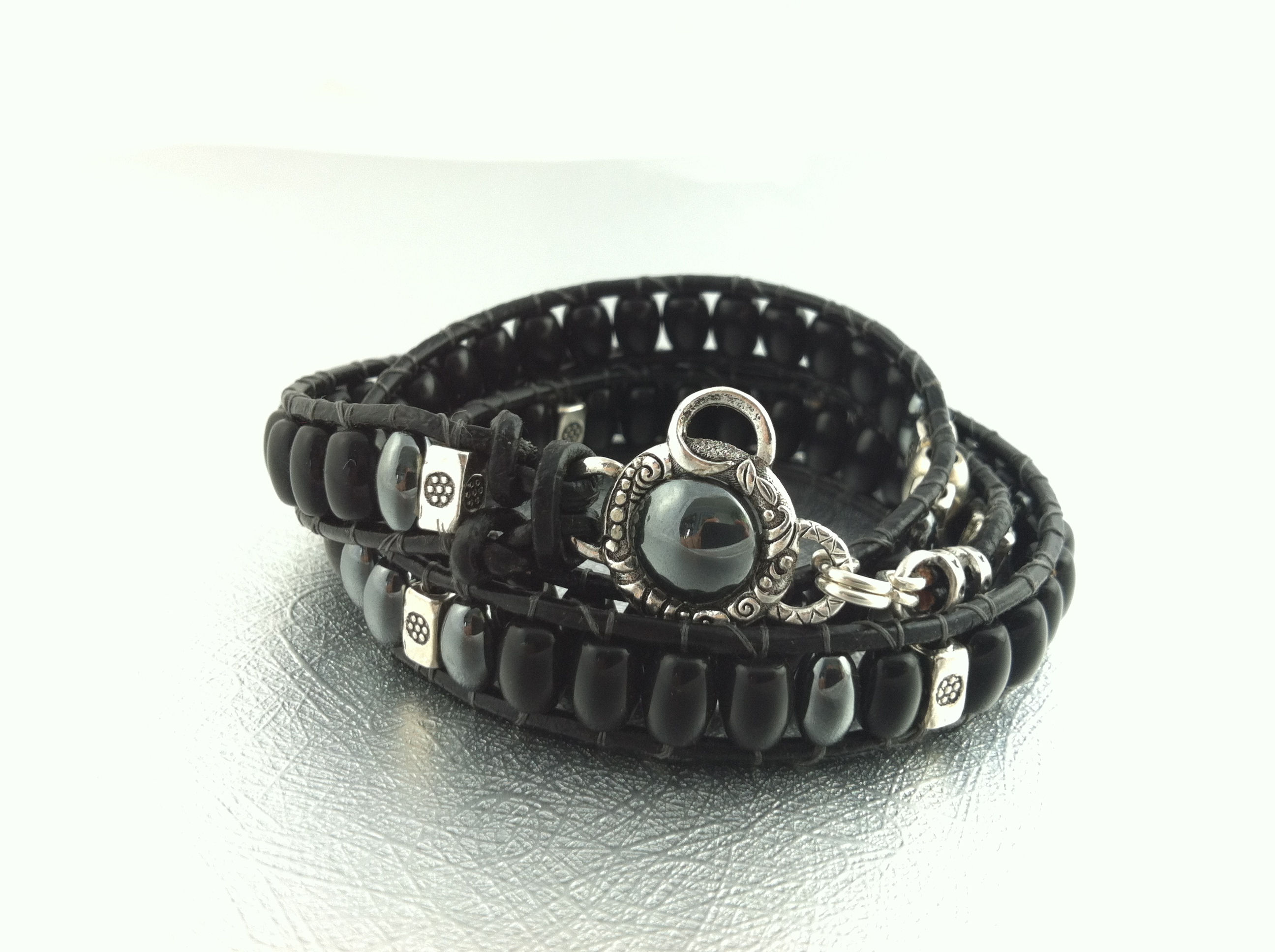 Jet Black Gemstone Leather Wrap Bracelet