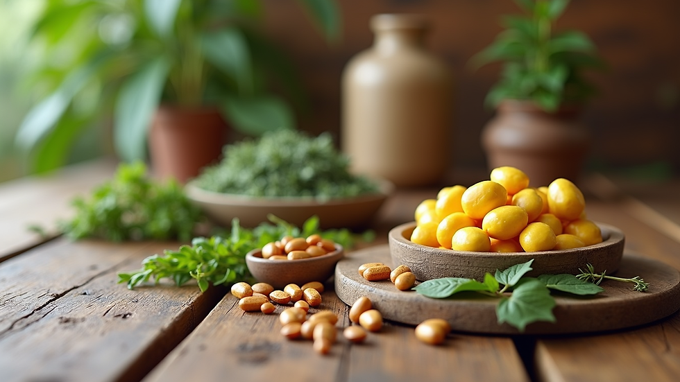 Close-up view of natural herbs and supplements on a wooden table