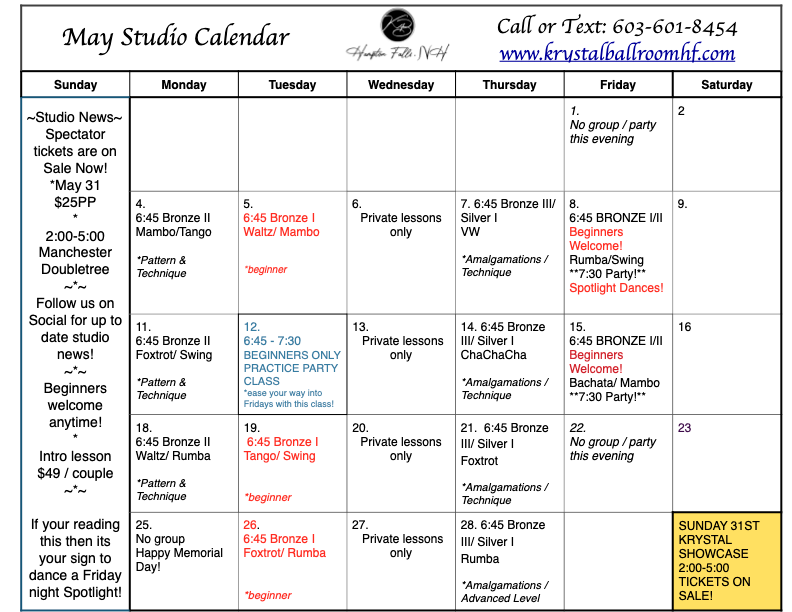 May 2026 krystal ballroom dance studio group class calendar