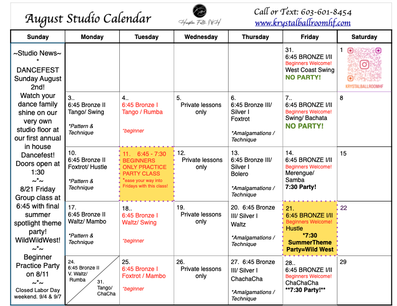 Wide-angle view of a dance studio floor ready for an August calendar announcement