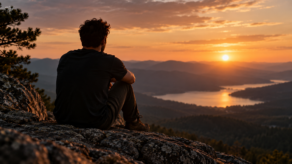 Man reflecting alone overlooking a mountain landscape at suns