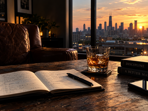 A reflective workspace with a journal, whiskey glass, and city skyline at sunset