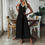 Thumbnail: Sade Renee V-neck Long Dress, Black with White collar