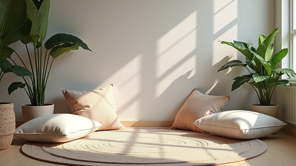 Eye-level view of a cozy home meditation corner with soft cushions and plants