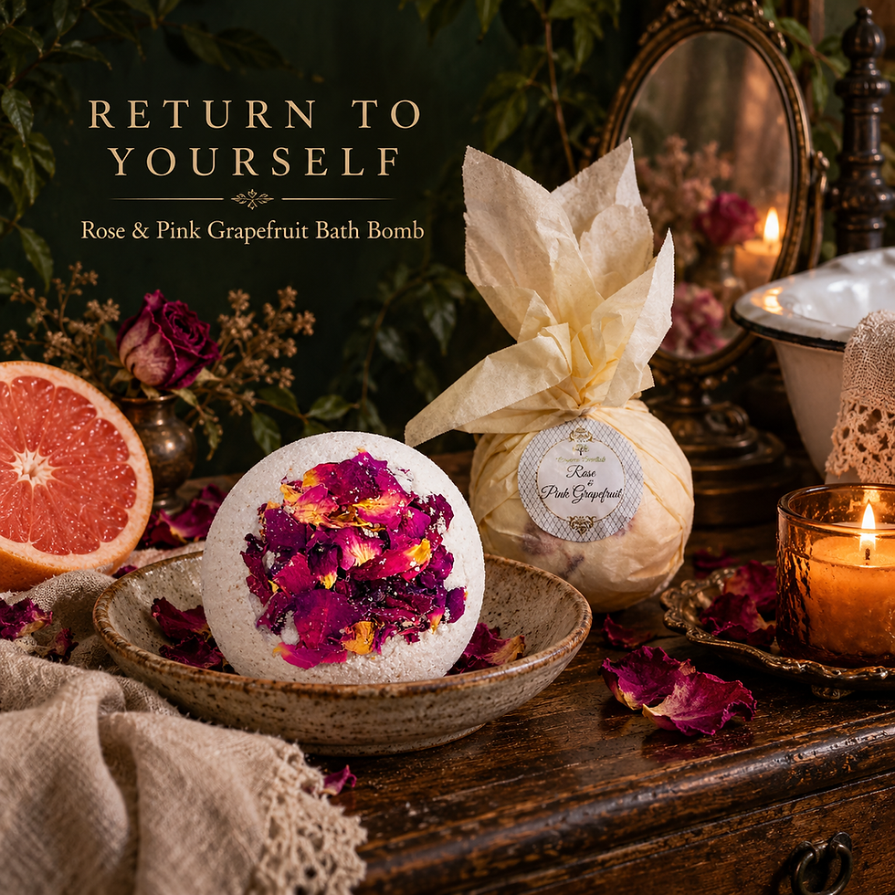 Rose and Pink Grapefruit bath bomb with wrapped packaging, fresh grapefruit, dried roses, candlelight, and an antique mirror.
