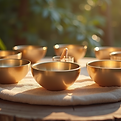 Singing bowls arranged outdoors for a sound and visual healing relaxation class.