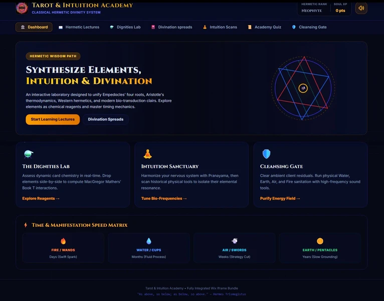 Tarot and Intuition Academy game screen with archetypes, symbols, and intuitive learning elements.