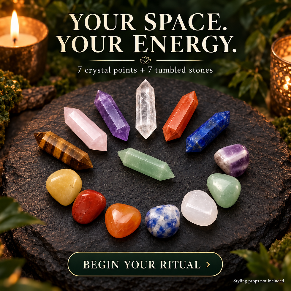 Seven crystal points and seven tumbled stones with the words “Your space. Your energy.”